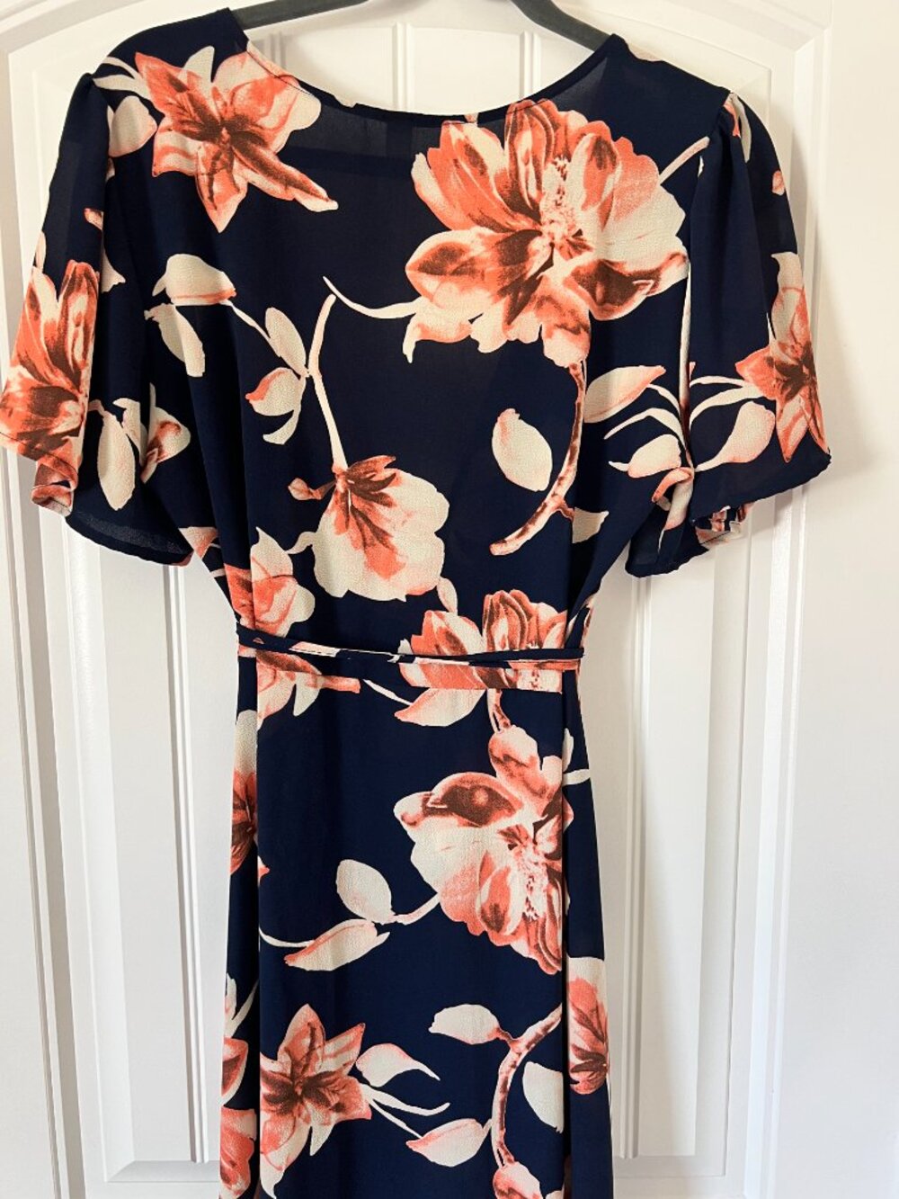 Peppermint Navy Coral Floral High-Low‎ Wrap Maxi Dress L Flutter Sleeve - Picture 6 of 16